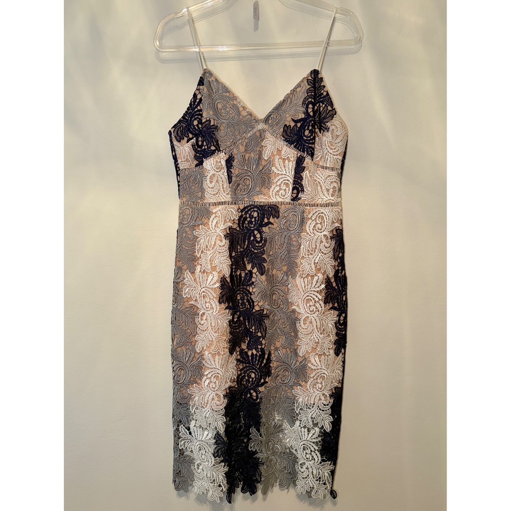 Endless Rose Lace Midi Dress Navy Blue Grey White Floral Sheath Size L